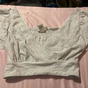 URBAN Romantics White Puff Sleeve Smocked Crop Blouse